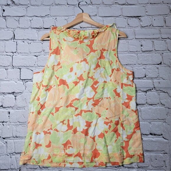 Talbots 100% Cotton Orange Green Ruffle Collar Sleeveless Blouse Size 14 - Picture 7 of 10